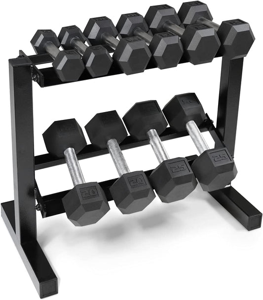 Rubber Coated Hex Dumbbell Set (5-25 lbs) with Two-Tier Storage Rack - Non-Slip Design for Muscle Toning, Strength Training, and Weight Management - Various Options Available