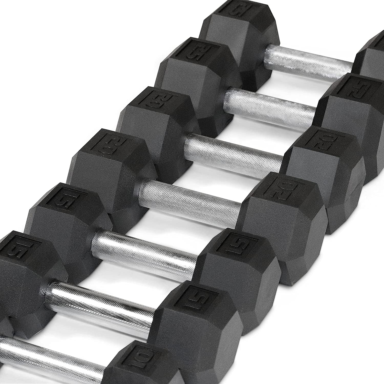 Rubber Coated Hex Dumbbell Set (5-25 lbs) with Two-Tier Storage Rack - Non-Slip Design for Muscle Toning, Strength Training, and Weight Management - Various Options Available