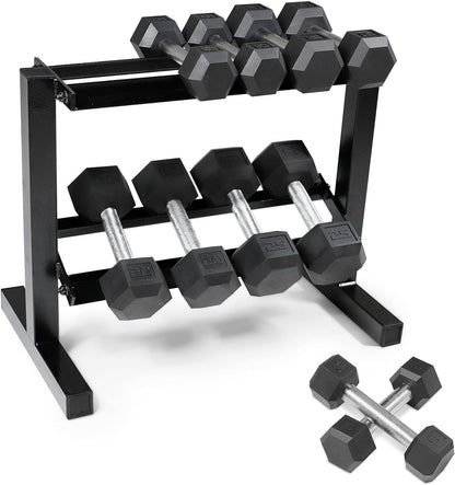 Rubber Coated Hex Dumbbell Set (5-25 lbs) with Two-Tier Storage Rack - Non-Slip Design for Muscle Toning, Strength Training, and Weight Management - Various Options Available