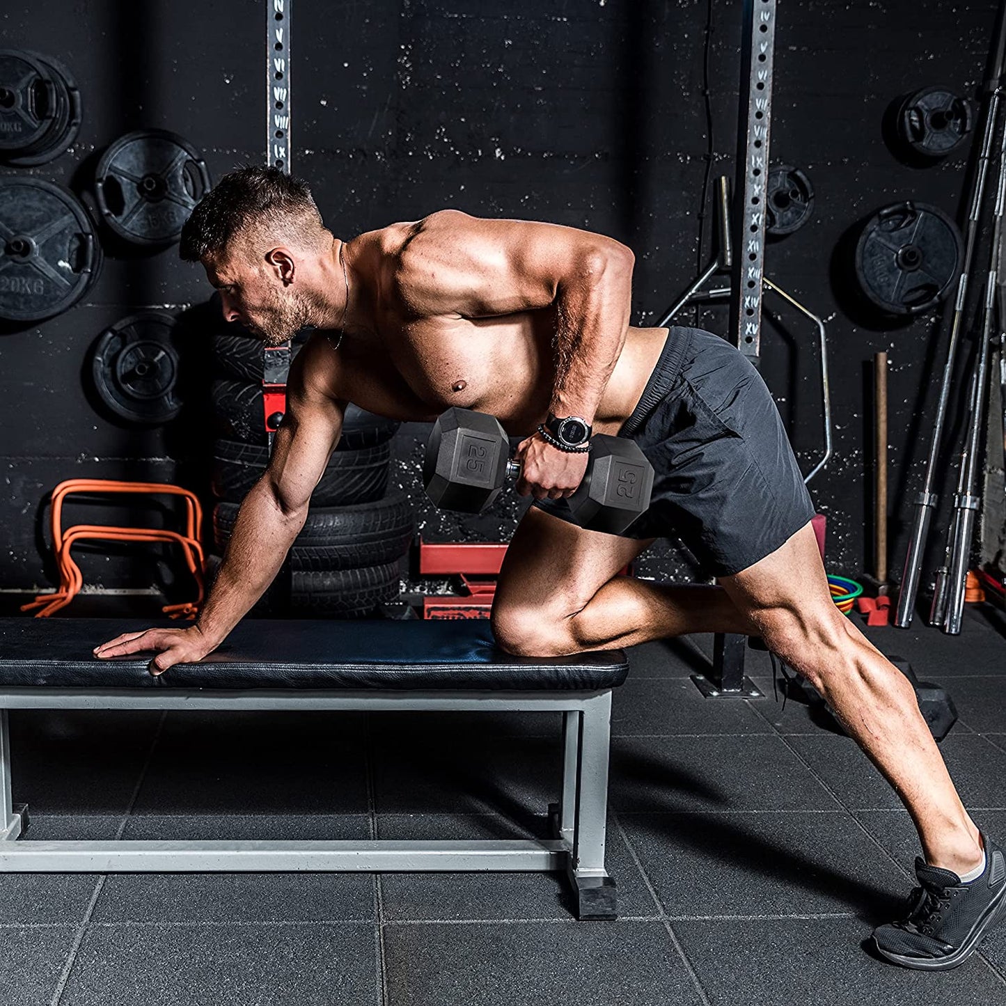 Rubber Coated Hex Dumbbell Set (5-25 lbs) with Two-Tier Storage Rack - Non-Slip Design for Muscle Toning, Strength Training, and Weight Management - Various Options Available